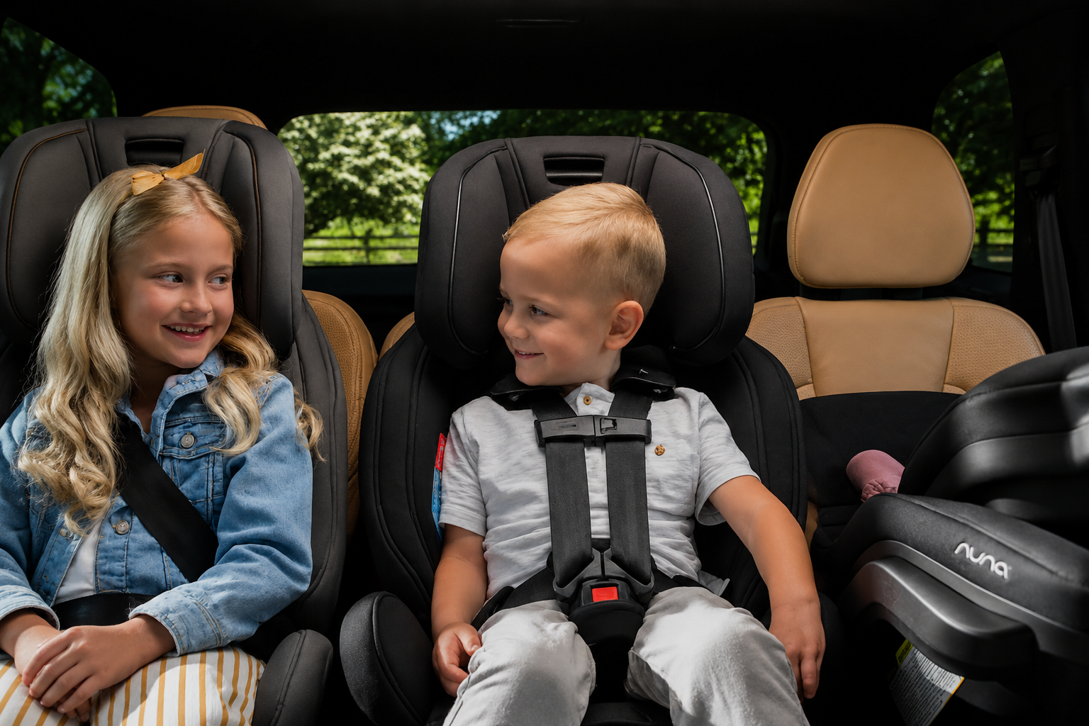 Children safely secured in premium car seats